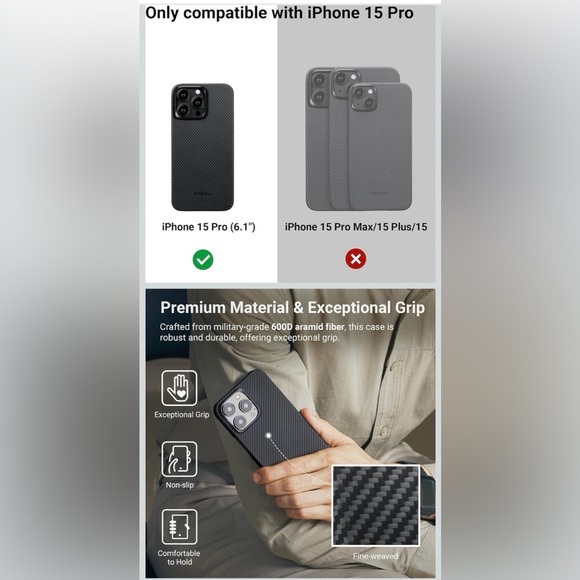 pitaka iPhone 15 Pro Ultra-Slim Aramid Fiber Case in Black/Grey Twill - Picture 4 of 5